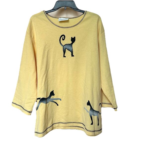 Tunic Top Cats Design Women’s 3X -4X Pullover 3/4 Sleeve Yellow Beaded Artsy - Picture 1 of 8